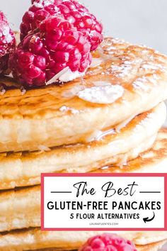 A stack of fluffy pancakes with powdered sugar, syrup, and raspberries on top Gluten Free Pancake Recipe, Gluten Free Pancakes Easy, Gluten Free Protein Powder, Fluffy Gluten Free Pancakes, Fluffiest Pancakes, Gluten Free Pancake, Protein Powder Pancakes, Eggs Recipes, Aip Paleo Recipes