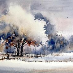 a watercolor painting of a tree in the snow