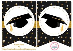 a graduation cap and tassel on top of a black and white banner with gold trim