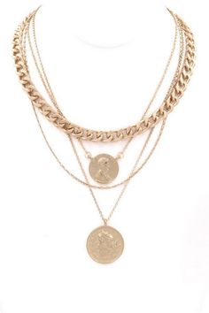 Introducing our Coin Layer Charm Chain Necklace. This elegant piece features a layered design with delicate coin charms, available in two sizes: 3/4" and 1". The 16" chain comes with a 3" extender, allowing for a customizable fit. Elevate any outfit with this sophisticated necklace. Layered Coin Necklace, Chunky Gold Chain, Gold Coin Necklace, Coin Pendant Necklace, Charm Chain, Layered Chains, Necklace Chain Lengths, Online Clothing Boutiques, Layered Necklace