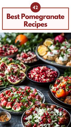 Assorted pomegranate dishes including salads and desserts, showcasing vibrant and delicious recipes from the best pomegranate recipes collection. Fall Pomegranate Recipes, Appetizers With Pomegranate Seeds, Pomegranate Salsa Recipes, Meals With Pomegranate, Recipes Using Pomegranate Seeds, Pomegranate Appetizers, Pomegranate Tablescape