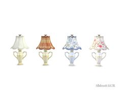 four lamps with different shades and designs on them, all in different shapes and sizes