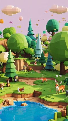 A picturesque low poly game world bursting with cozy and inviting visuals. The landscape is filled with vibrant colors, including lush green trees, rolling hills, and a sparkling blue lake. The sky is a light pinkish hue, with soft clouds floating by. Various low poly creatures, including a fox, a deer, and a rabbit, are peacefully grazing or frolicking in the environment. This charming, pixel-art rendition of a world captivates with its simplicity and warmth. Stylized Low Poly, Multimedia Design, Soft Clouds, 3d Inspiration, Game World, Game Style