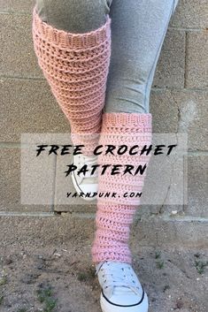 the legs of a woman wearing pink crocheted leg warmers with text overlay that says free crochet pattern