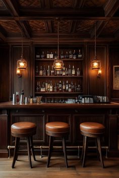 a bar with three stools in front of it