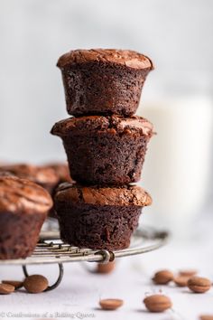 chocolate muffins stacked on top of each other