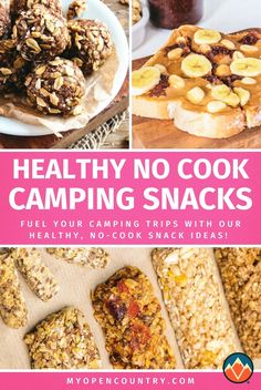 healthy no cook camping snacks with text overlay