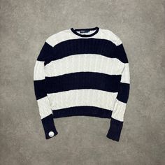 Retro Polo Ralph Lauren white & navy stripy heavy knitted cable sweater Size - XX-Large Width - 30' Length - 31' Vintage Polo Ralph Lauren, Lauren White, Cable Knit Jumper, Heavy Knit, Vintage Polo, Mens Jumpers, Cable Sweater, Navy Stripes, Pullover Men