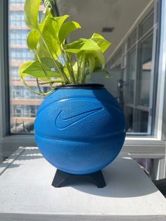 a blue ball planter sitting on top of a white table next to a window