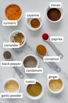 an image of spices labeled in different bowls