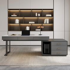 an office desk in front of a bookshelf with shelves on the opposite wall