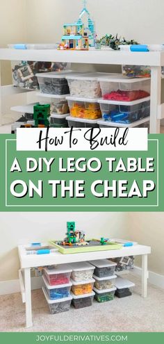 a diy lego table on the cheap side with text overlay that reads how to build a diy lego table on the cheap side