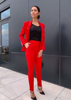 Color Red Double breasted blazer & pants suit set Peaked lapels Long sleeves Fitted waist Side flap pockets Gold-tone embossed buttons Red Suit, Pants Suit, Casual Work Outfits, Breasted Blazer, Suit Pants, Double Breasted Blazer, Casual Work, Suit Set, Professional Outfits