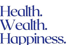 the words health, wealth and happiness are shown in blue letters on a white background