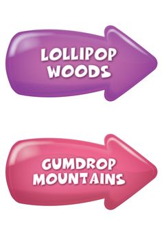 two purple and pink signs that say gumdrops, gumdrop mountains and lollipop woods