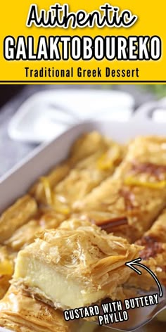 Baking sheet with squares of custard with phyllo dough with Pinterest overlay. Greek Custard Pie, Galaktoboureko Recipe, Greek Dessert, Phyllo Dough Recipes, Phyllo Recipes, Greek Recipes Dessert, Greek Recipes Authentic, Greek Pastries, Greek Recipe