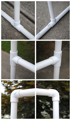 four different views of the same white metal frame and support bars for an outdoor play area