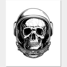 a black and white drawing of a skull wearing a space suit with headphones on