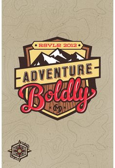 the adventure body logo is shown in red and yellow on a beige background with mountains