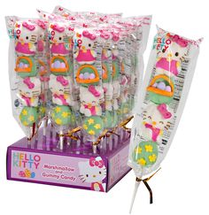 hello kitty marshmallow gummy candy in cello bags on display with the package