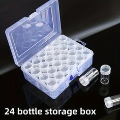 the 24 bottle storage box is filled with clear plastic cups and empty containers for liquids