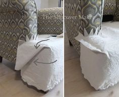 two pictures of the same chair that has been made with toilet paper and some other things