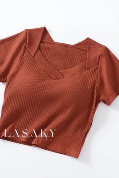 Lasaky - Stylish Womens Ribbed V-Neck Short-Sleeve Tee: Enhanced with Built-in High-Waist Cami for Elegant Layering Fabric Names, Types Of Collars, Short Sleeve Tee, Caramel, Layering, Built In, Composition, High Waisted, V Neck