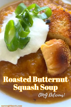 OMG, this easy roasted butternut squash soup recipe is insanely delicious! It's the best recipe because while it tastes buttery and creamy, it's still healthy. This vegan vegetable soup is perfect for all year, especially winter and fall. This recipe also includes a homemade simple garlic croutons garnish for the top. 

// roasted butternut squash soup // best butternut squash soup recipe // Roasted Feta, Feta Soup, Butternut Squash Roasted, Best Butternut Squash Soup, Easy Bruschetta Recipe, Vegan Vegetable Soup, Garlic Croutons, Butternut Squash Soup Recipe, Squash Vegetable