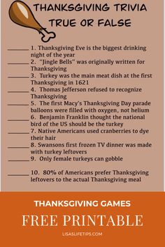 thanksgiving trivia for the true or false game, with an orange border around it