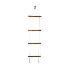 a wooden shelf hanging from a rope with two hooks on the top and one hook at the bottom