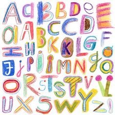 the alphabet is drawn with colored crayons