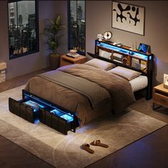 a bedroom with a bed, nightstands and two night stands on the carpeted floor