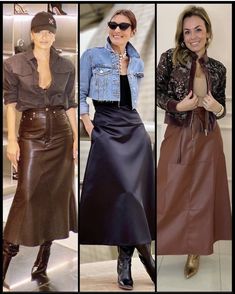 Leather Aline Skirt Outfit, Look Office, Trendy Outfit Ideas, Best Winter Outfits, Leather Skirts, Fall Outfit Ideas, Trendy Outfit, Trendy Fall, Midi Skirts