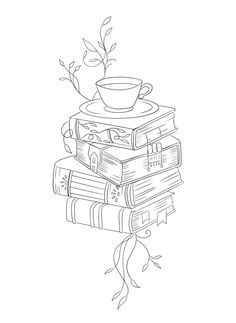 a stack of books with a cup and saucer on top, sitting next to each other