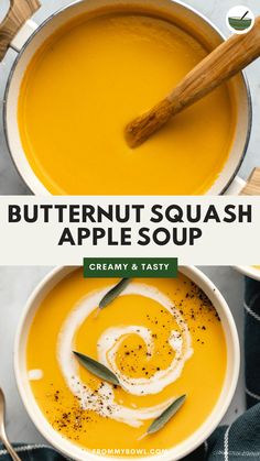 This 35-Minute Butternut Squash Soup is made with creamy squash, tart Granny Smith apple, and herbaceous rosemary and sage for a creamy soup bursting with fall flavor. Vegan, Gluten-Free, Oil-Free option. Sage Butternut Squash Soup, Butternut Squash Soup With Sage, Butternut Squash And Sage Soup, Butternut Squash Sage Soup, Roasted Butternut Squash And Apple Soup, Butter Ut Squash Soup Recipes, Apple Squash Soup, Vegan Squash Soup, Apple Butternut Squash Soup