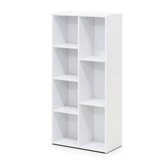 a white bookcase with four shelves on each side