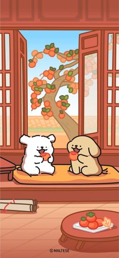 two dogs are sitting on the floor in front of an open window with oranges