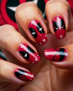 Wade Wilson’s Whimsical Nails: A Deadpool-Inspired Manicure! 💥🔴⚫️ Channeling my favorite anti-hero with this fun and cheeky Deadpool-inspired manicure! Featuring bold red and black colors with playful splashes of white, each nail showcases iconic elements like Deadpool's mask, crossed katanas, and even a few witty catchphrases. Perfect for those who love a little mischief in their style! Ready to break some nail art boundaries? 🦸‍♂️💅 #deadpoolnails #comicbookchic #nailart #nails #deadpool #in... Deadpool Inspired Nails, Marvel Inspired Nails, Marvel Nails Designs, Cosplay Claws, Whimsical Nails, Superhero Nails, Batman Nails