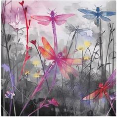 a painting of dragonflies flying in the sky over flowers and grass with watercolor paint on paper