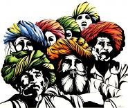 a group of men with long hair and beards wearing colorful turbans, sitting next to each other