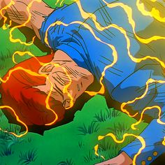 a man laying on the ground with his head down and lightning coming out of his chest