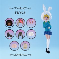 a doll is standing in front of a blue background with images of clothing and accessories