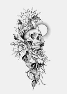 a skull with flowers and a snake on it's head is shown in this tattoo design