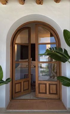 an open wooden door in front of a white wall with plants and potted plant