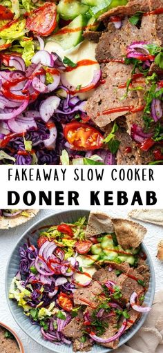 two pictures with different types of food and the words fakeaway slow cooker done by kebab