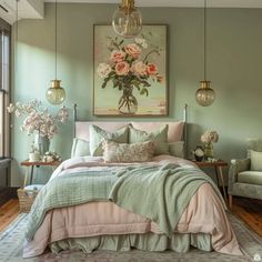 a bedroom with green walls and pink flowers on the bed in front of a painting