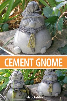 cement gnomes sitting in the grass with text overlay that reads cement gnome instructions