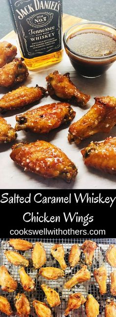 baked chicken wings with salted caramel whiskey on the side and in the background