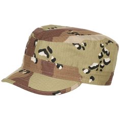 a camo hat with black and white spots on it