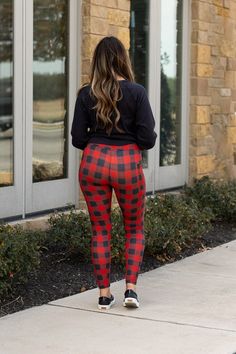 Introducing our fabulous Red & Black Plaid Leggings, the must-have addition to your wardrobe this season! Made with the perfect blend of 92% Polyester and 8% Spandex, these leggings are not only incredibly soft but also stretchy, guaranteeing you the most comfortable fit imaginable. Whether you're running errands, or lounging at home, these leggings will be your new favorite go-to piece!SizingOS (One Size) - Sizes 4-10TC (Tall & Curvy) - Sizes 12-18TC2 (Tall & Curvy+) Sizes 20-28InseamOS - 70 cm Trendy Red Leggings For Fall, Trendy Red Non-stretch Leggings, Trendy Non-stretch Red Leggings, Red Fall Leggings For Loungewear, Red Stretch Pants For Fall, Red Stretch Leggings For Fall, Casual High Stretch Tights For Fall, Fall Loungewear Tights, Red Full-length Leggings For Fall